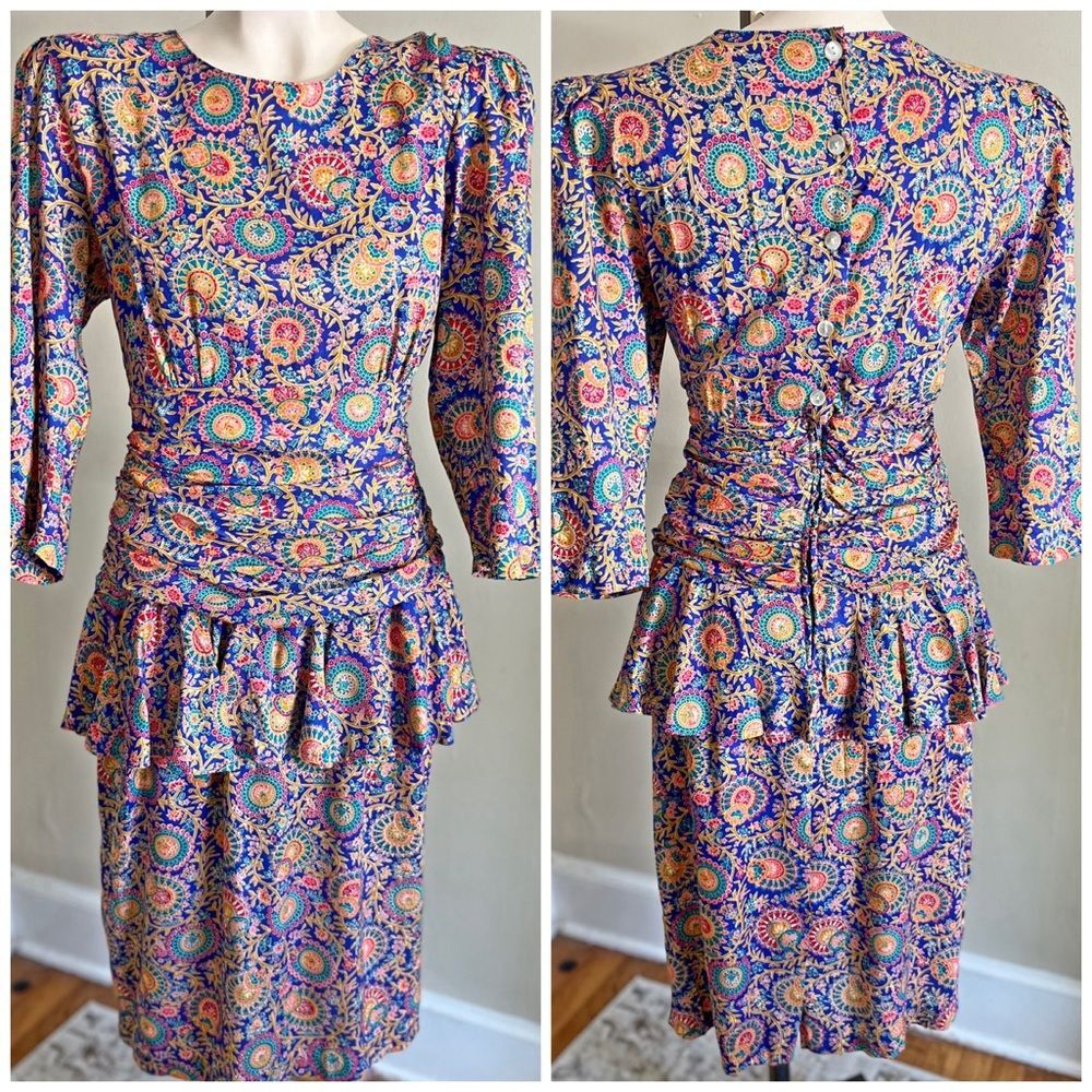 Vintage 80s Paisley Peplum Dress Boho Rayon Cottagecore Small Retro